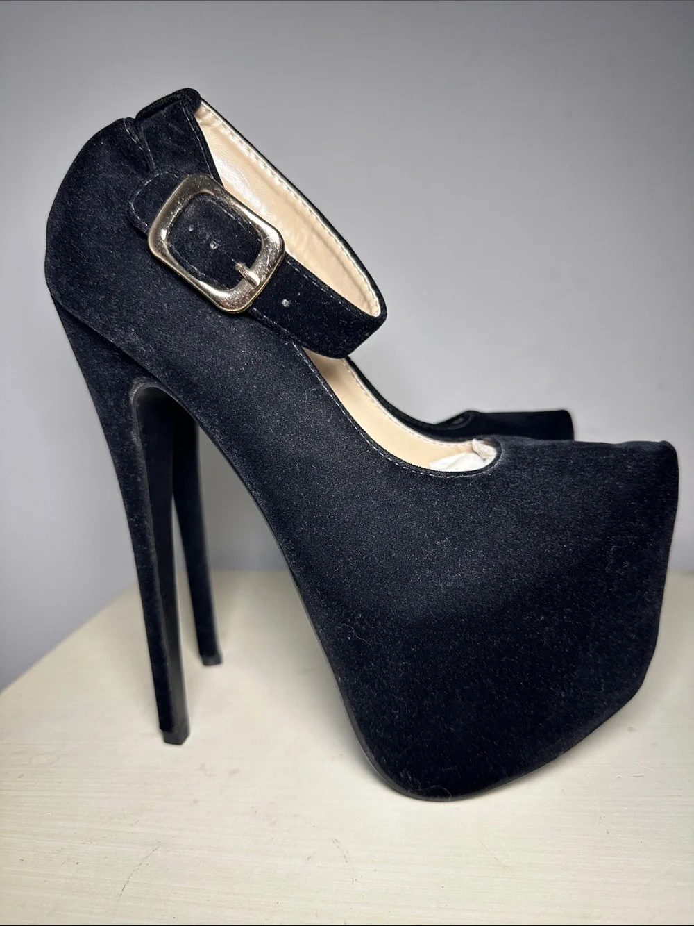 Delicacy velour Black Mary Jane Platform dancer ankle strap High Heels